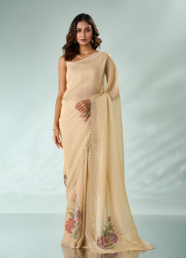 Mohey Women Cream Organza Saree with Print and Stone Work
