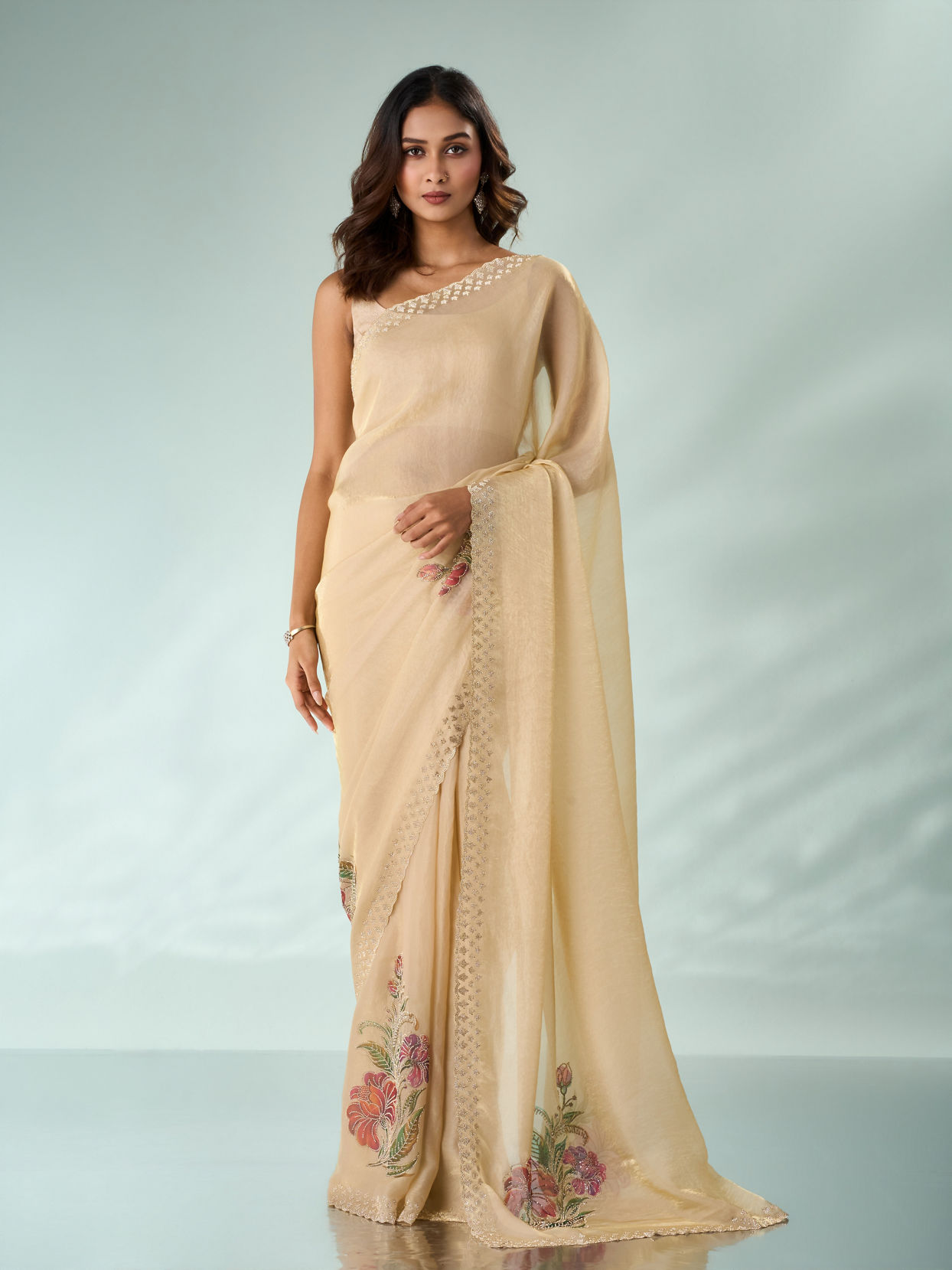 Mohey Women Cream Organza Saree with Print and Stone Work
