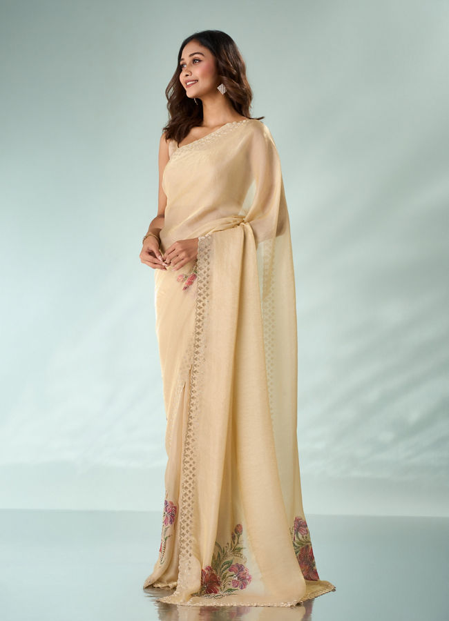 Mohey Women Cream Organza Saree with Print and Stone Work
