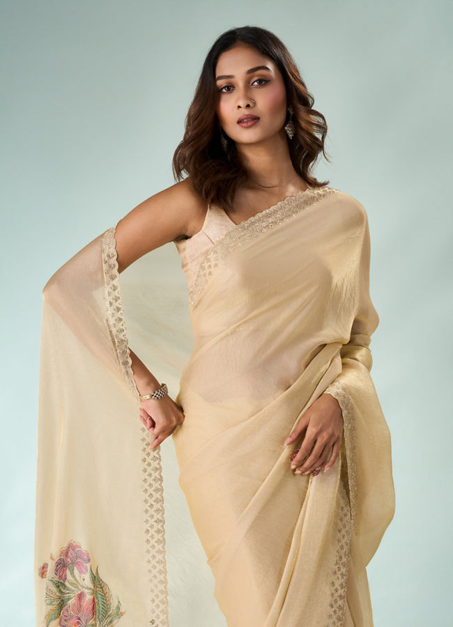 Mohey Women Cream Organza Saree with Print and Stone Work