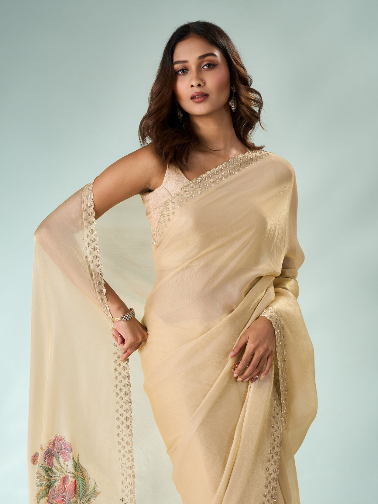 Mohey Women Cream Organza Saree with Print and Stone Work