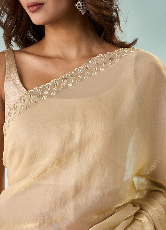 Mohey Women Cream Organza Saree with Print and Stone Work