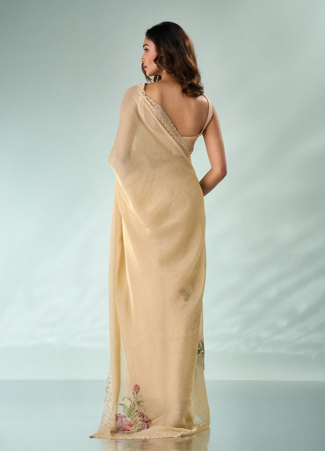 Mohey Women Cream Organza Saree with Print and Stone Work