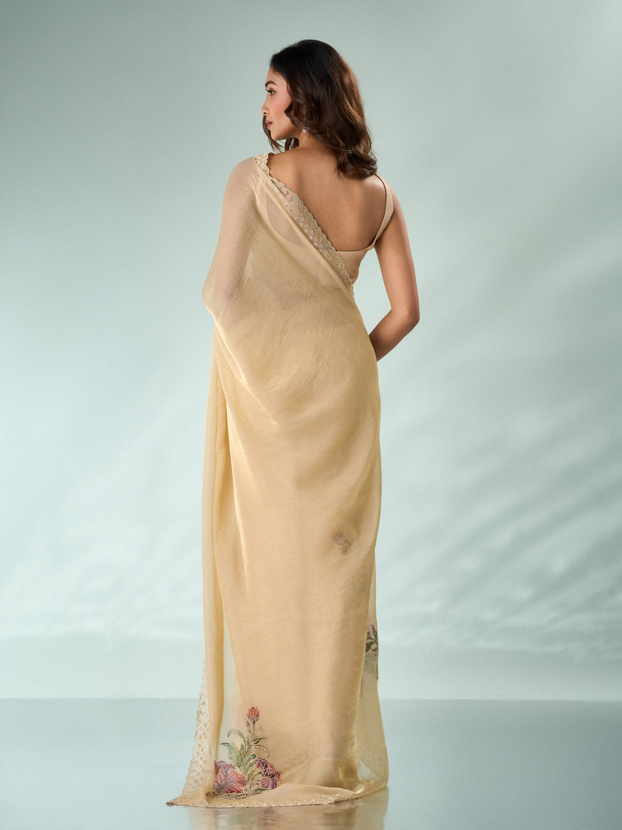 Mohey Women Cream Organza Saree with Print and Stone Work