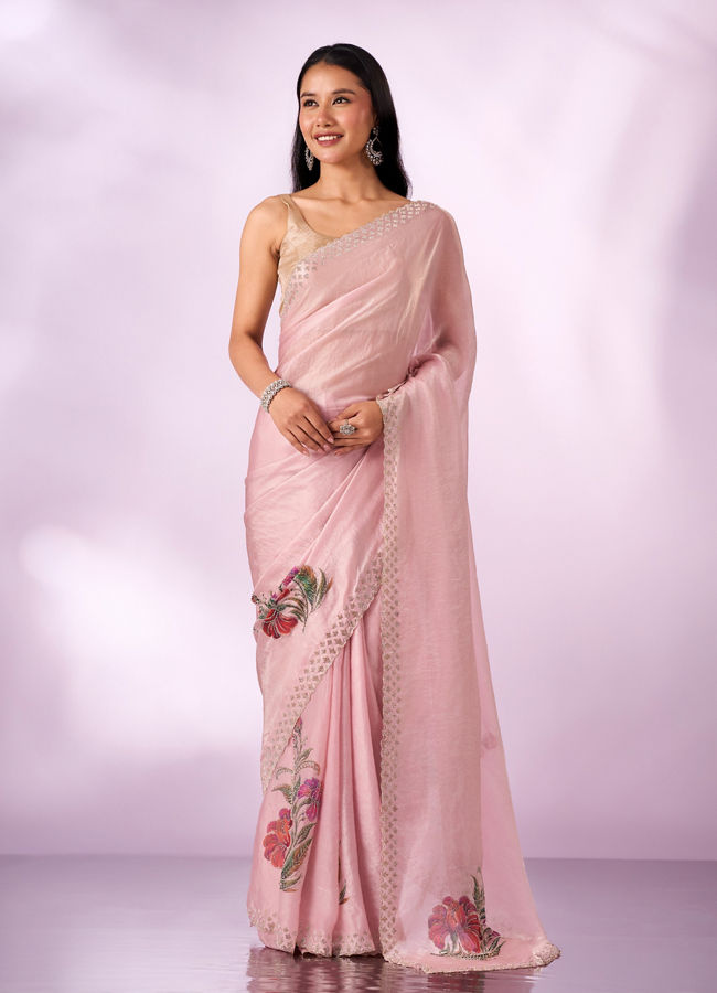 Mohey Women Light Pink Organza Saree with Print and Stone Work