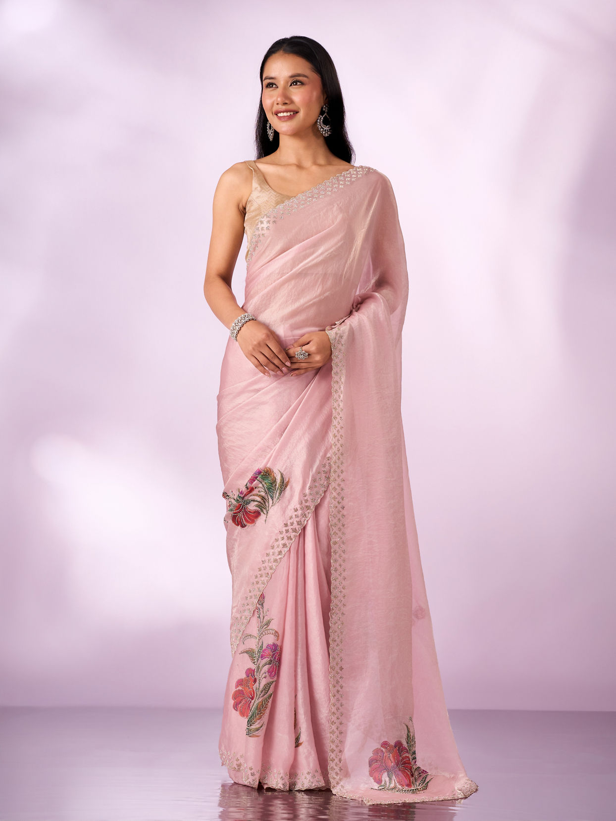 Mohey Women Light Pink Organza Saree with Print and Stone Work
