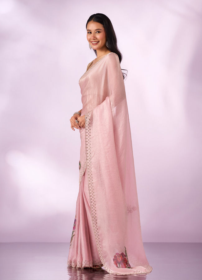Mohey Women Light Pink Organza Saree with Print and Stone Work