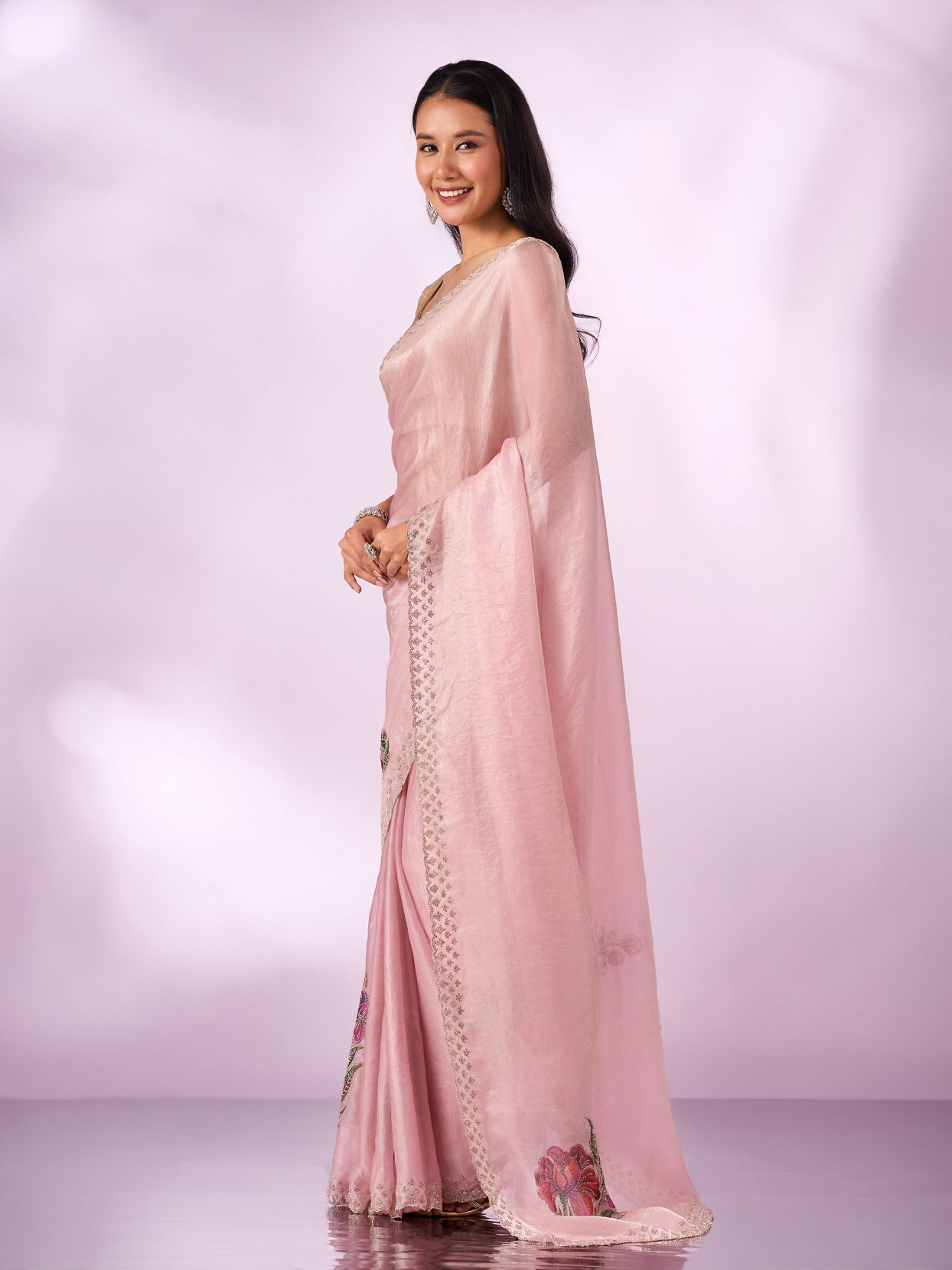 Mohey Women Light Pink Organza Saree with Print and Stone Work