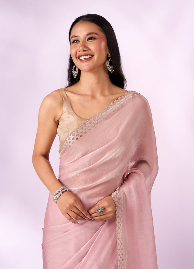 Mohey Women Light Pink Organza Saree with Print and Stone Work