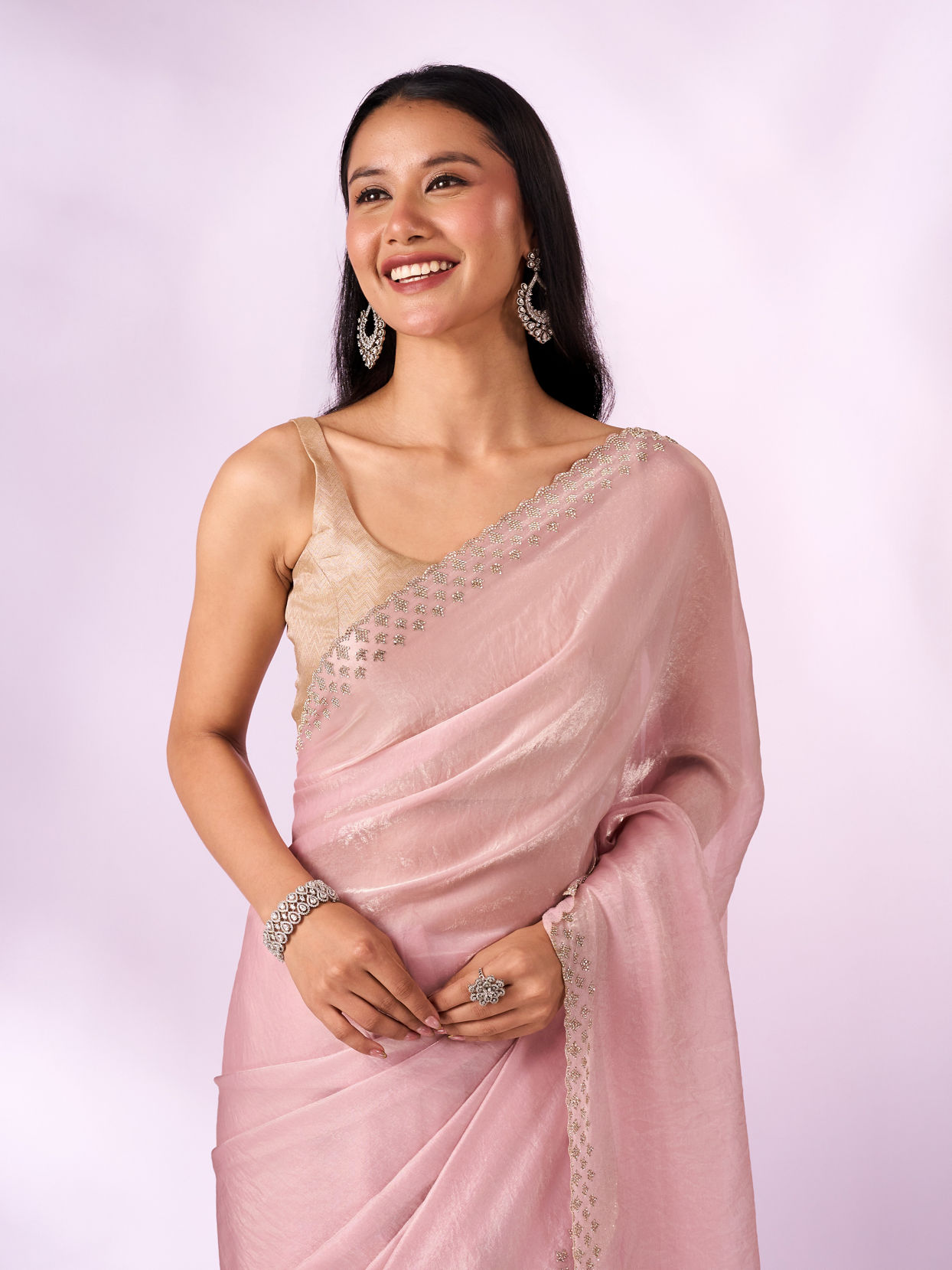 Mohey Women Light Pink Organza Saree with Print and Stone Work