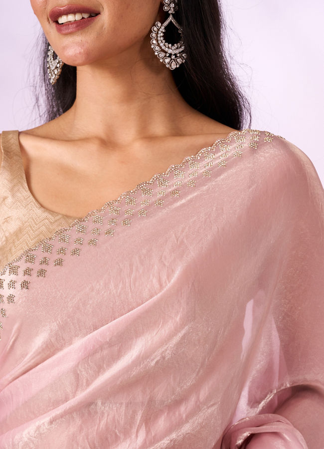 Mohey Women Light Pink Organza Saree with Print and Stone Work