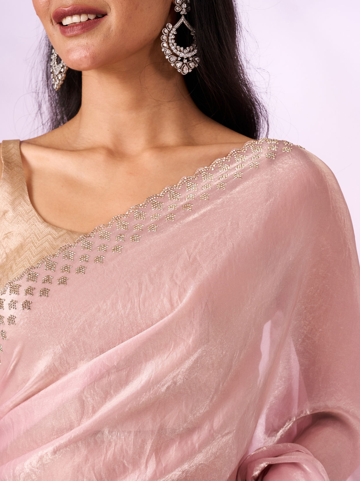 Mohey Women Light Pink Organza Saree with Print and Stone Work