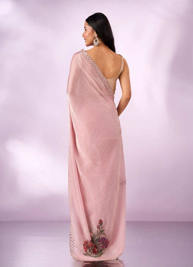 Mohey Women Light Pink Organza Saree with Print and Stone Work