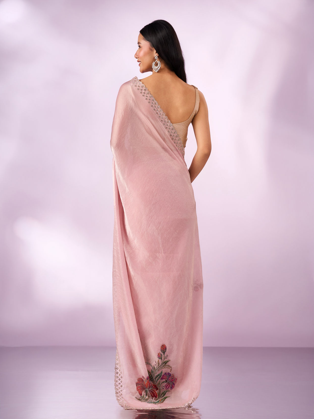 Mohey Women Light Pink Organza Saree with Print and Stone Work
