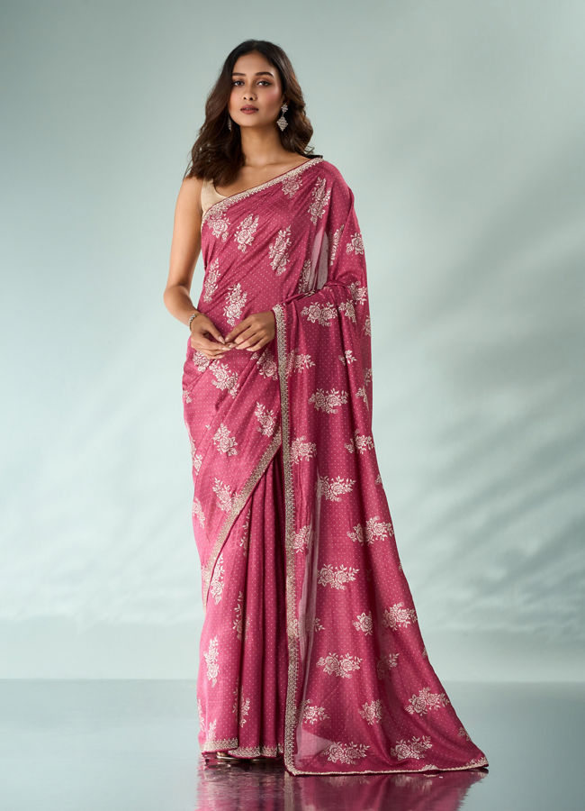 Mohey Women Dusty Pink Silk Saree with Print and Stone Work