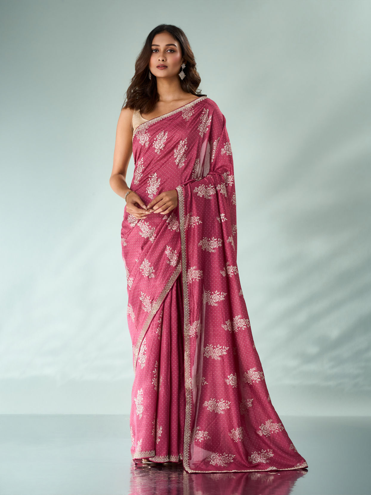 Mohey Women Dusty Pink Silk Saree with Print and Stone Work