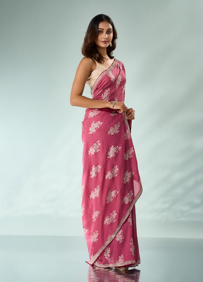 Mohey Women Dusty Pink Silk Saree with Print and Stone Work