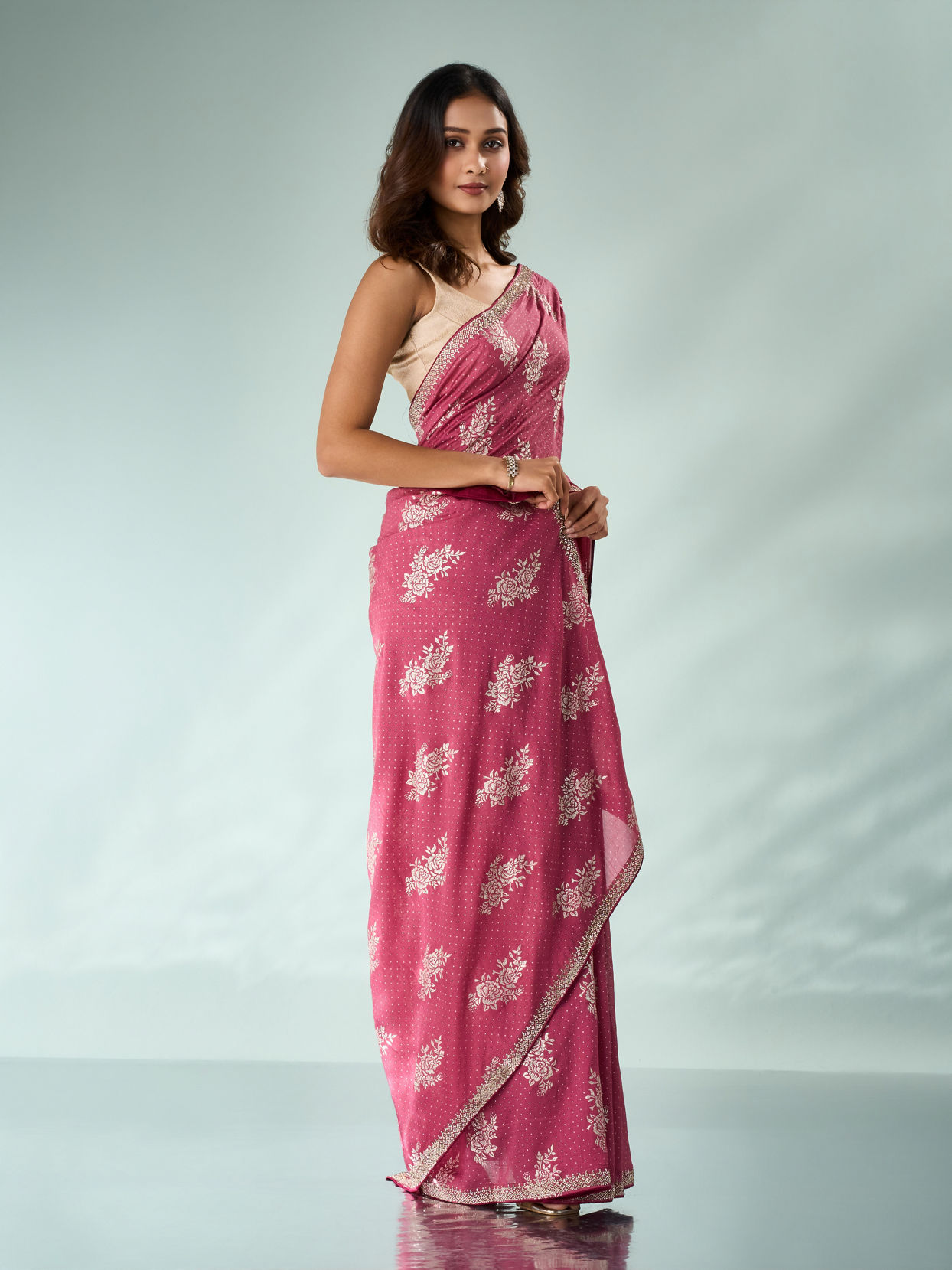 Mohey Women Dusty Pink Silk Saree with Print and Stone Work