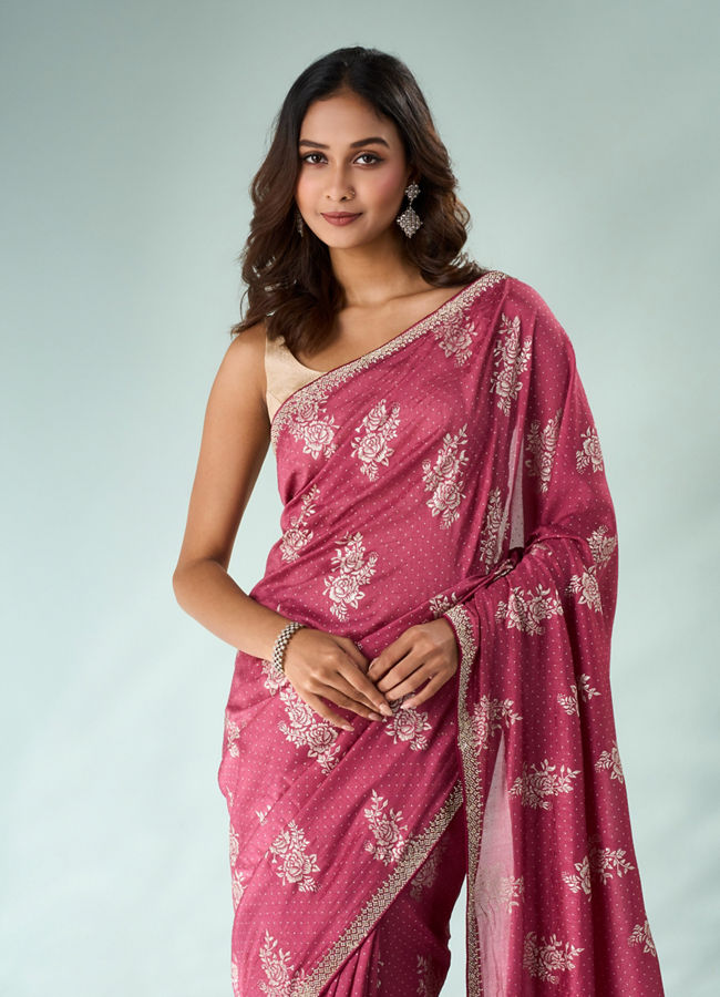 Mohey Women Dusty Pink Silk Saree with Print and Stone Work