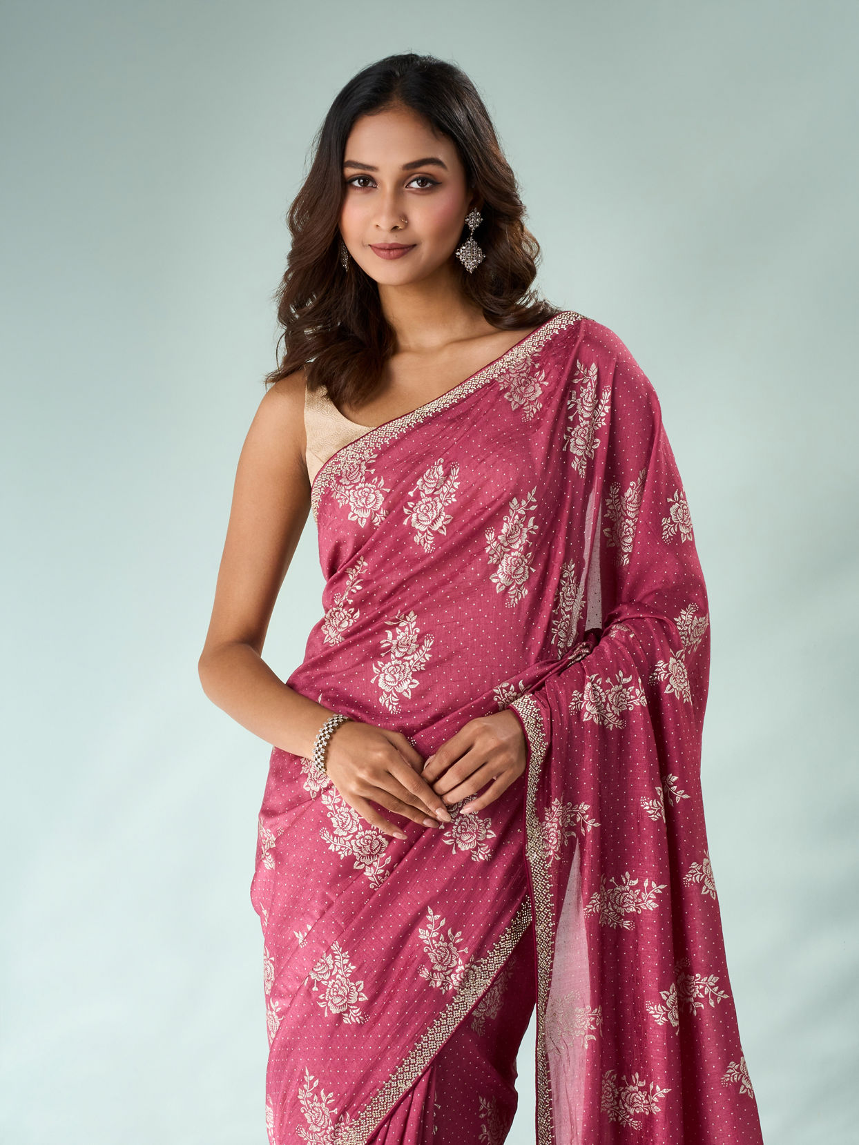 Mohey Women Dusty Pink Silk Saree with Print and Stone Work