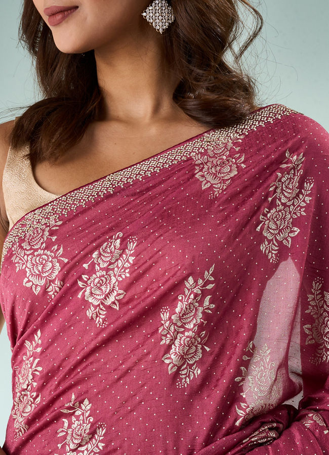 Mohey Women Dusty Pink Silk Saree with Print and Stone Work