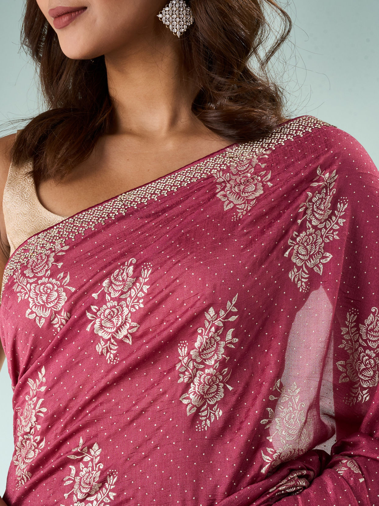 Mohey Women Dusty Pink Silk Saree with Print and Stone Work