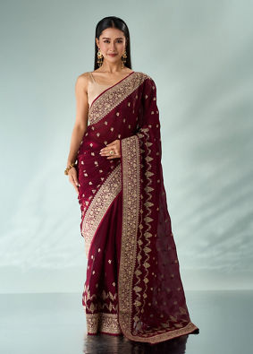 Mohey Women Wine Art Silk Saree with Stone Work
