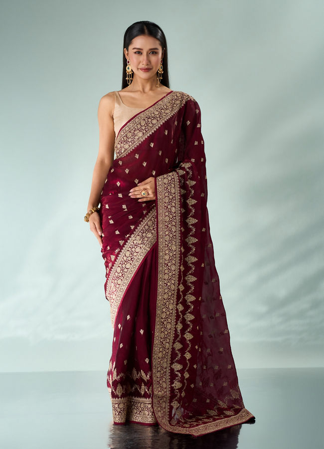Mohey Women Wine Art Silk Saree with Stone Work
