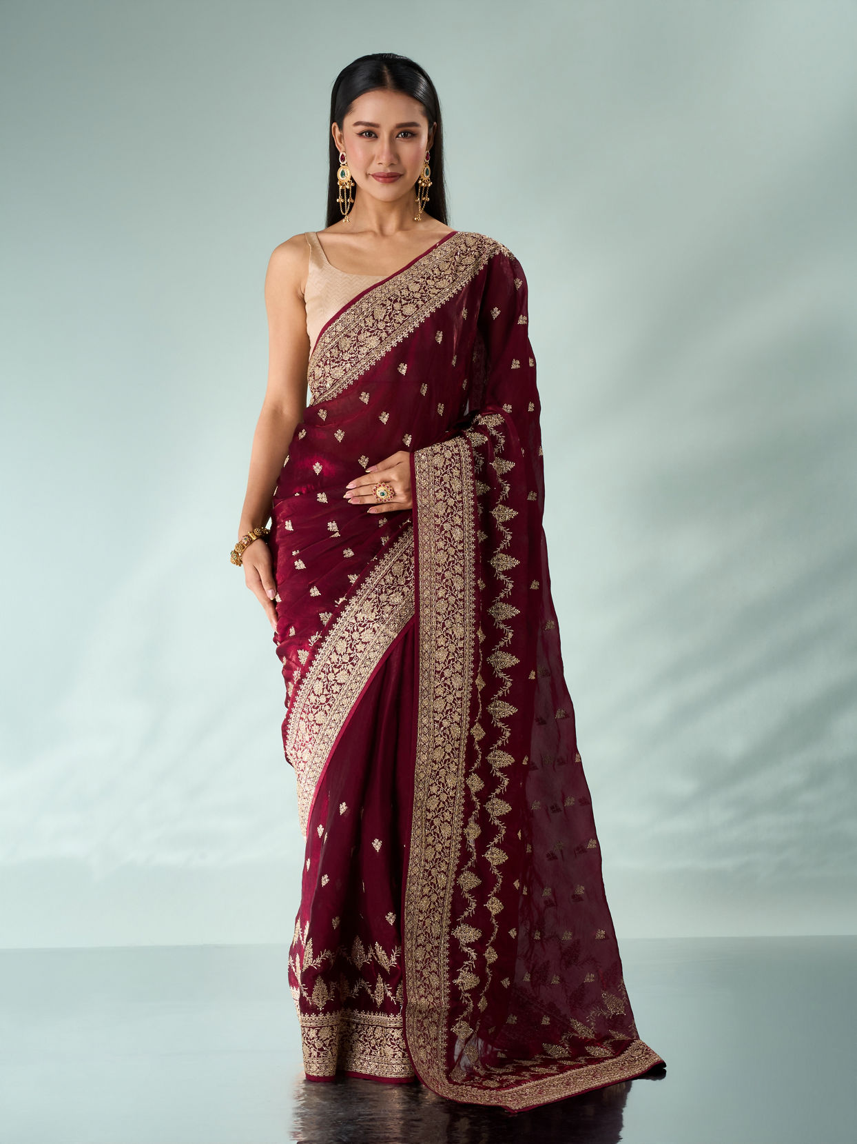 Mohey Women Wine Art Silk Saree with Stone Work