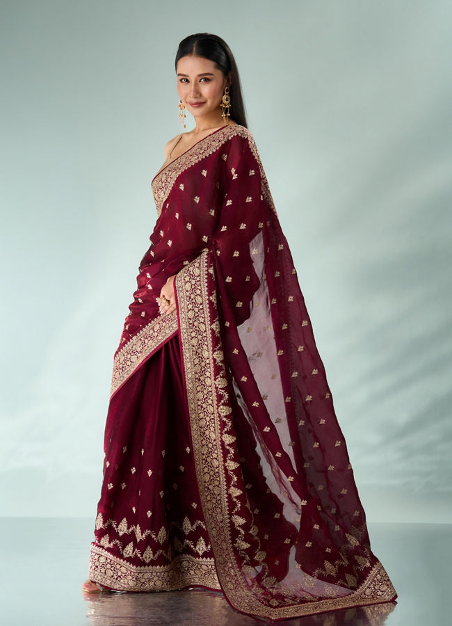 Mohey Women Wine Art Silk Saree with Stone Work