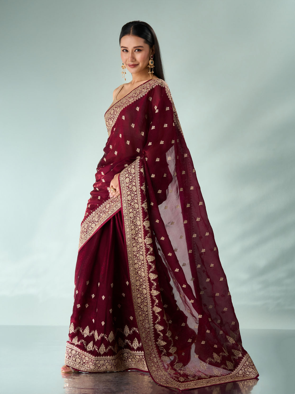Mohey Women Wine Art Silk Saree with Stone Work