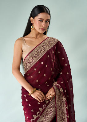 Mohey Women Wine Art Silk Saree with Stone Work