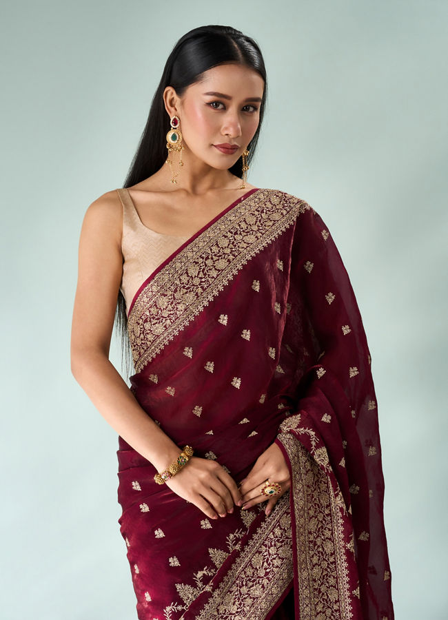 Mohey Women Wine Art Silk Saree with Stone Work