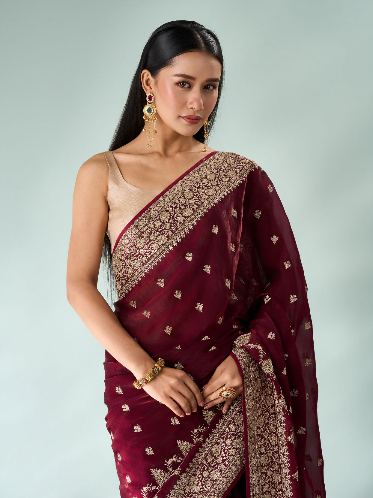 Mohey Women Wine Art Silk Saree with Stone Work