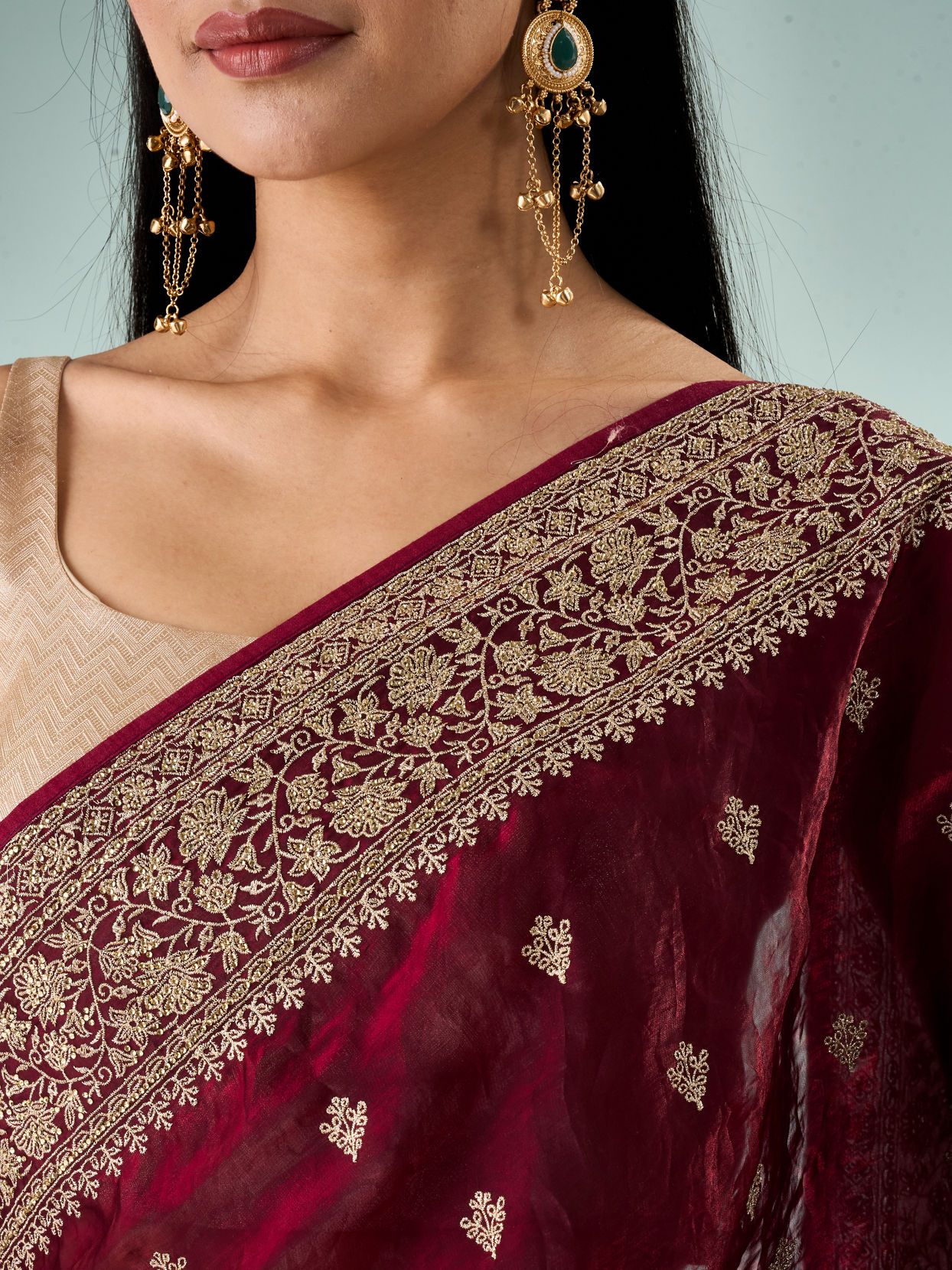 Mohey Women Wine Art Silk Saree with Stone Work