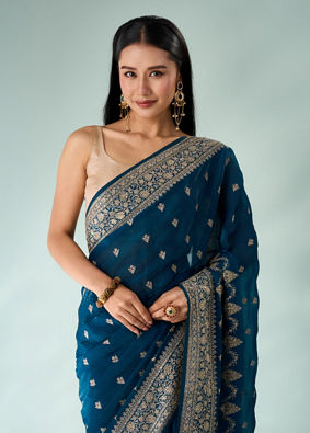 Mohey Women Blue Silk Saree with Zari Work