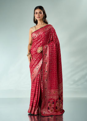 Mohey Women Red Silk Banarasi Saree with Mirror Work