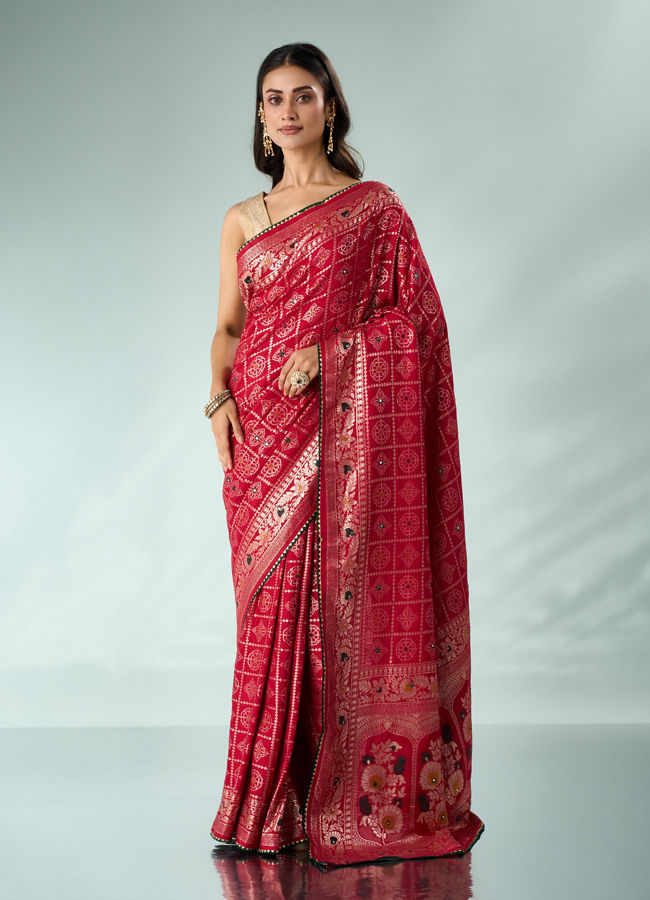 Mohey Women Red Silk Banarasi Saree with Mirror Work