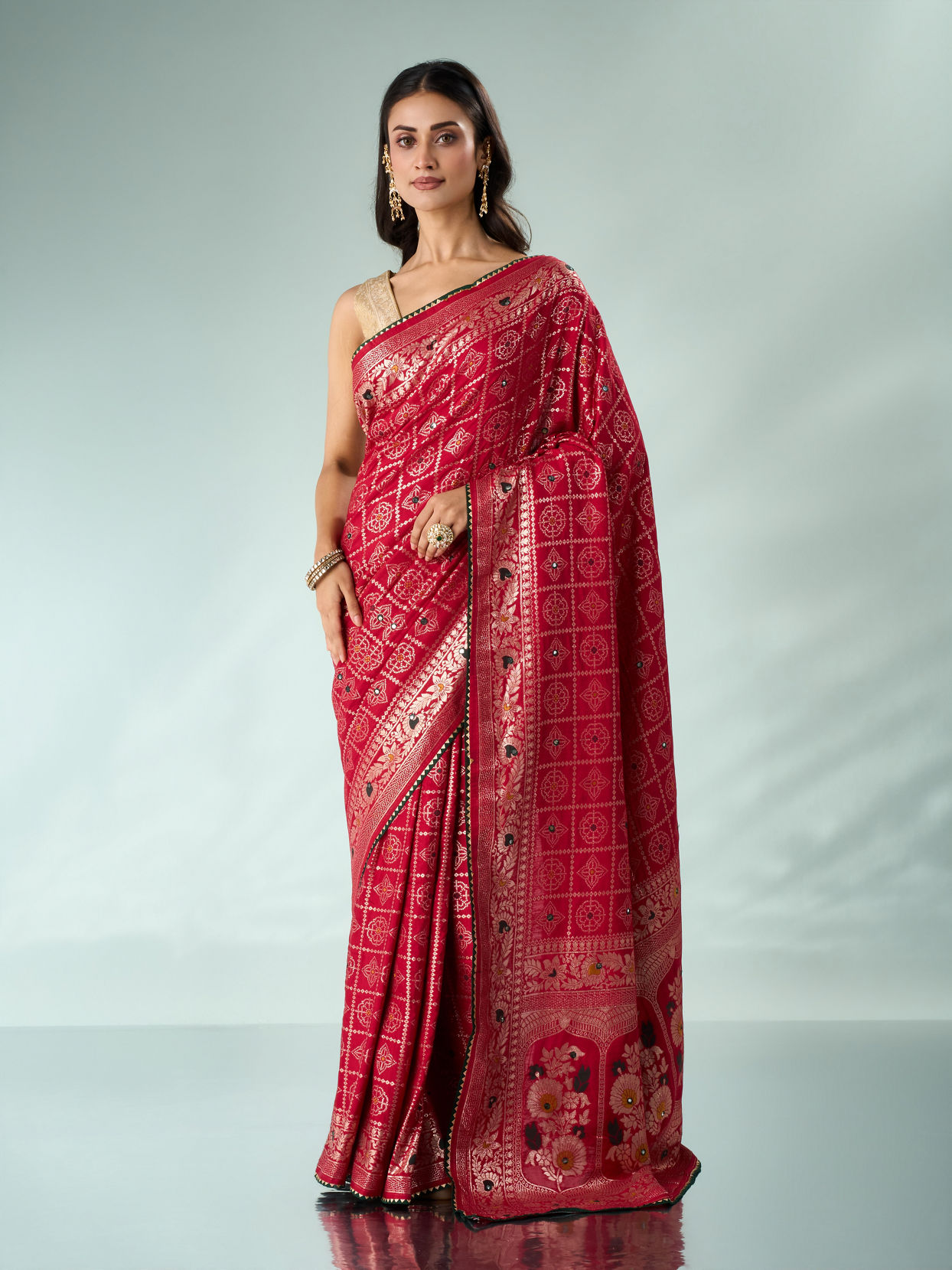 Mohey Women Red Silk Banarasi Saree with Mirror Work