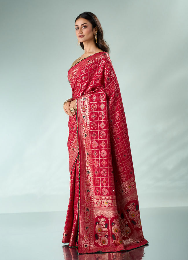 Mohey Women Red Silk Banarasi Saree with Mirror Work
