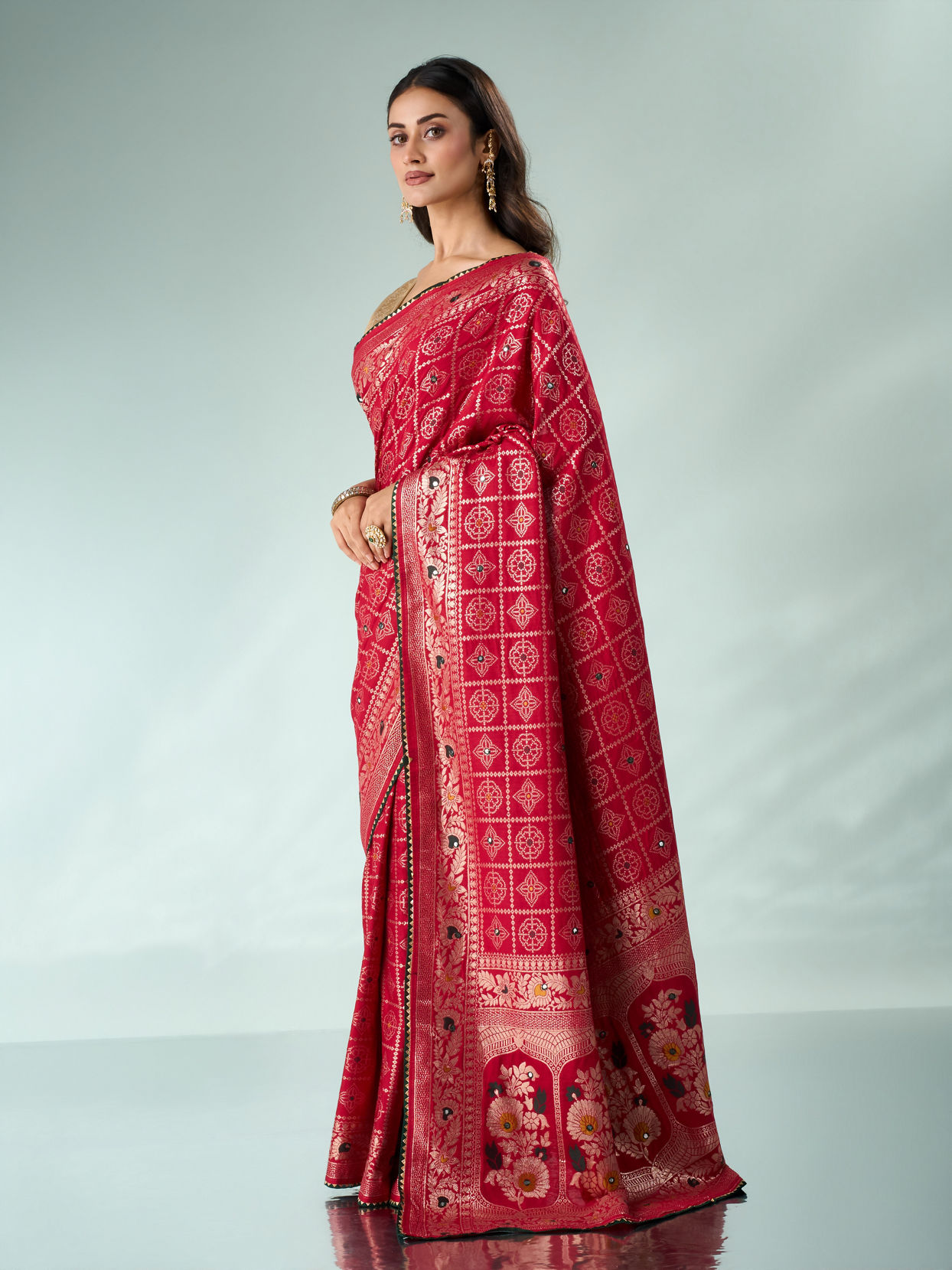 Mohey Women Red Silk Banarasi Saree with Mirror Work