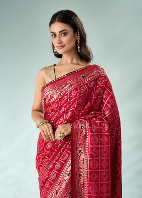 Mohey Women Red Silk Banarasi Saree with Mirror Work