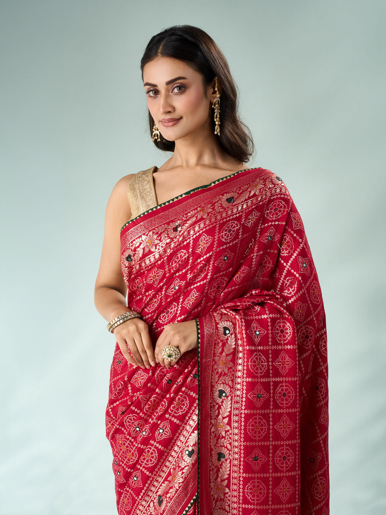 Mohey Women Red Silk Banarasi Saree with Mirror Work