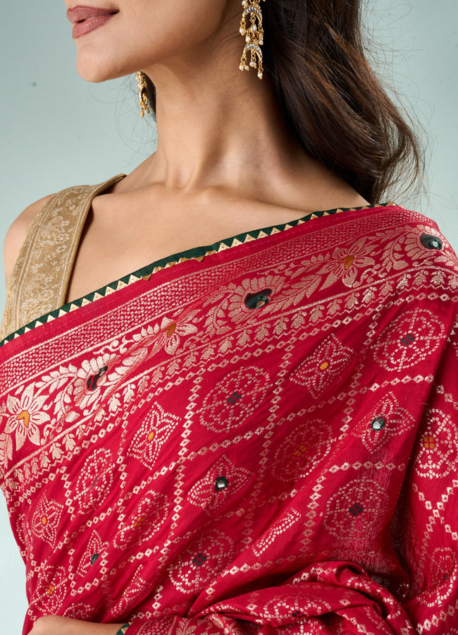 Mohey Women Red Silk Banarasi Saree with Mirror Work