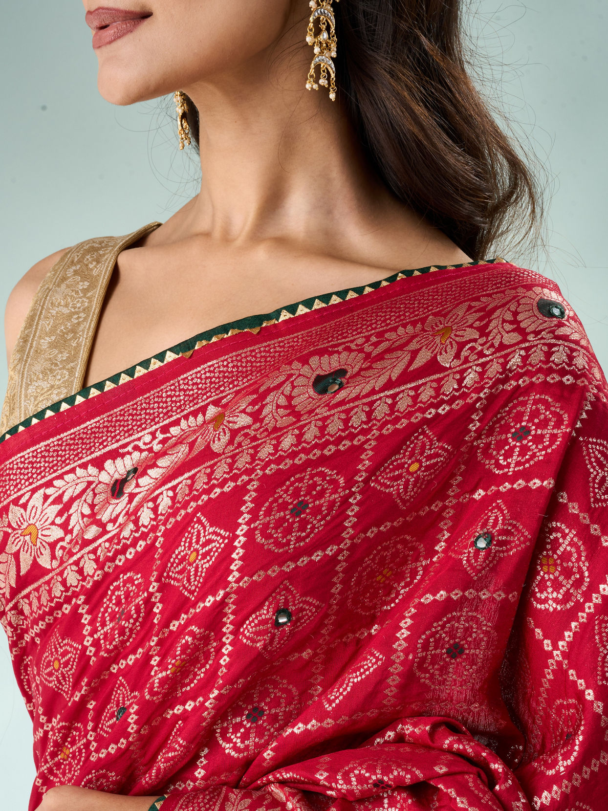 Mohey Women Red Silk Banarasi Saree with Mirror Work