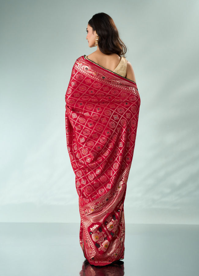 Mohey Women Red Silk Banarasi Saree with Mirror Work