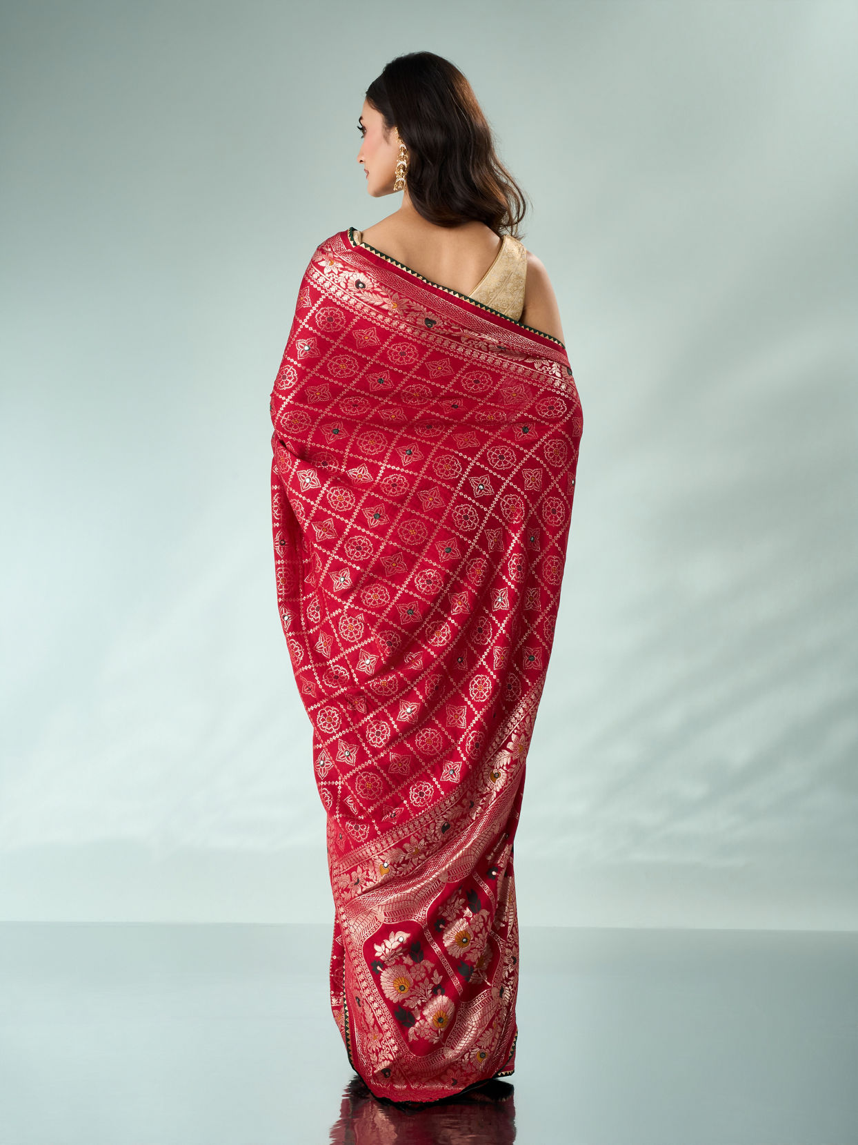 Mohey Women Red Silk Banarasi Saree with Mirror Work