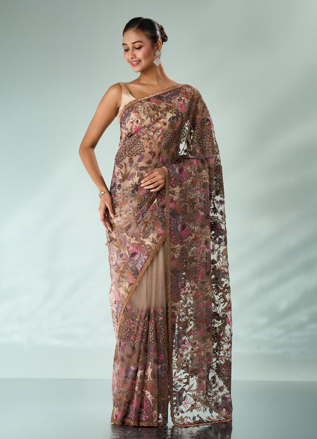 Mohey Women Fawn Organza Saree with Stone and Thread Work