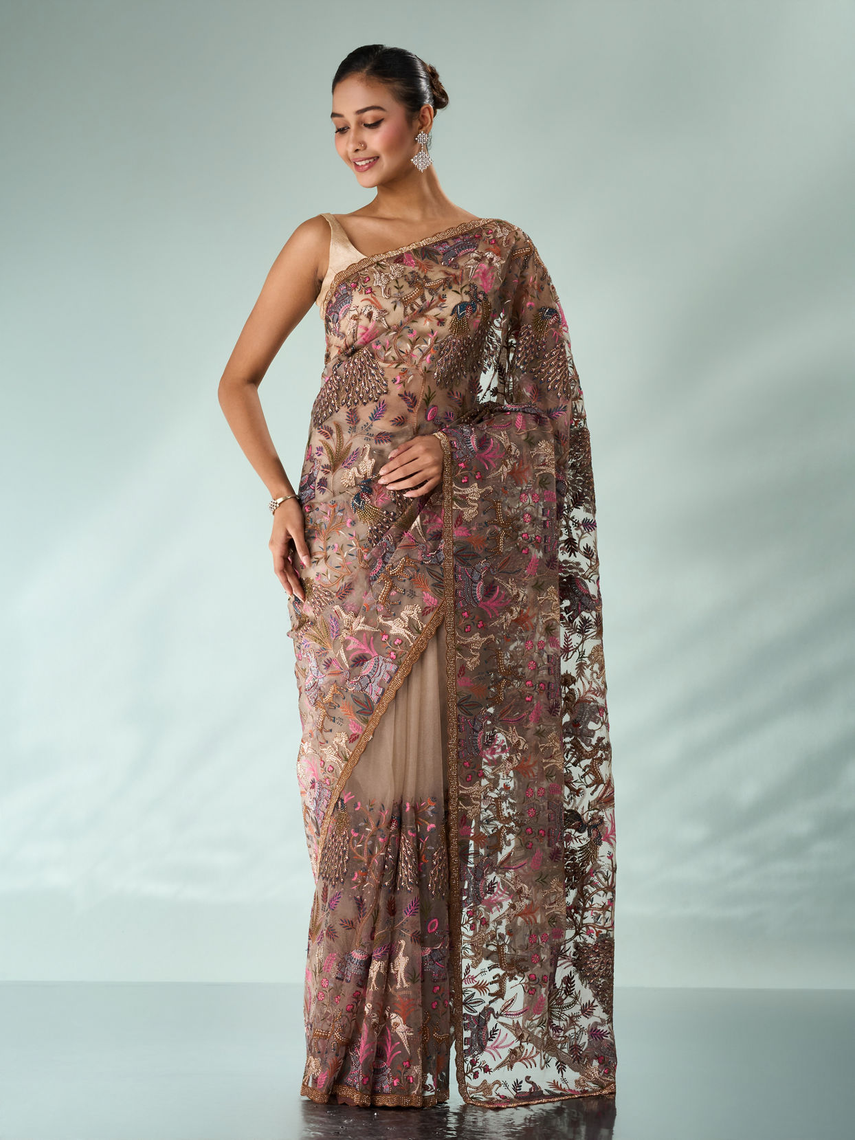 Mohey Women Fawn Organza Saree with Stone and Thread Work