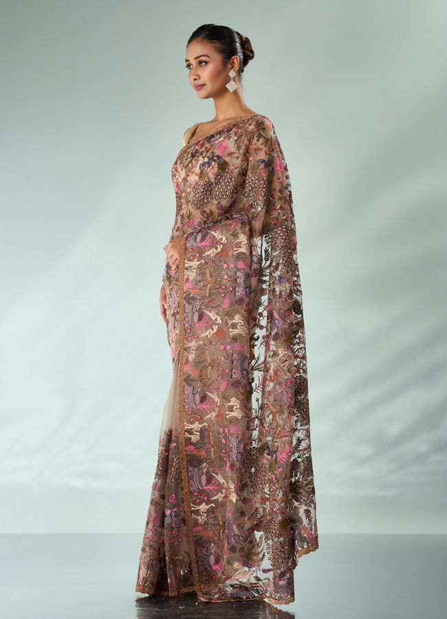 Mohey Women Fawn Organza Saree with Stone and Thread Work